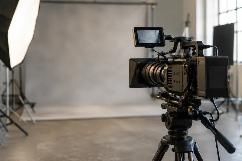 Caméra vidéo sur un trépied, écran de contrôle ouvert