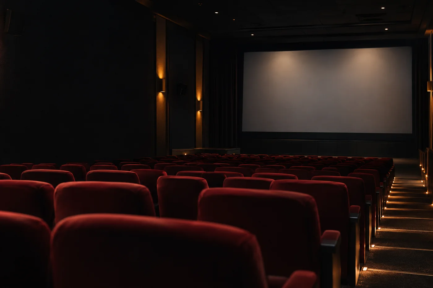 Rangées de fauteuils rouges dans une salle de cinéma.