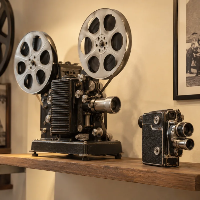 Projecteurs et caméra anciens exposés dans une galerie